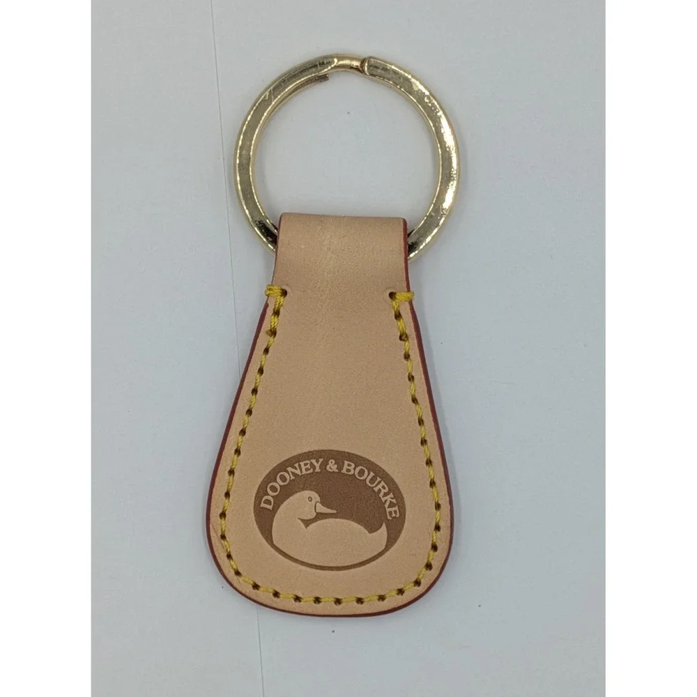 Dooney & Bourke Keychain Key Fob Tan Beige Leather Duck Logo Gold Tone Hardware